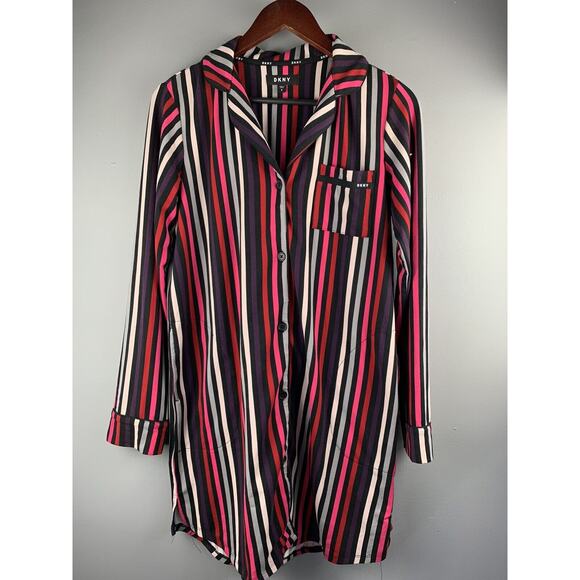 DKNY Sleepwear Top Womens Small Sleepwear Striped Button-Front Chest‎ Pocket - Picture 1 of 7